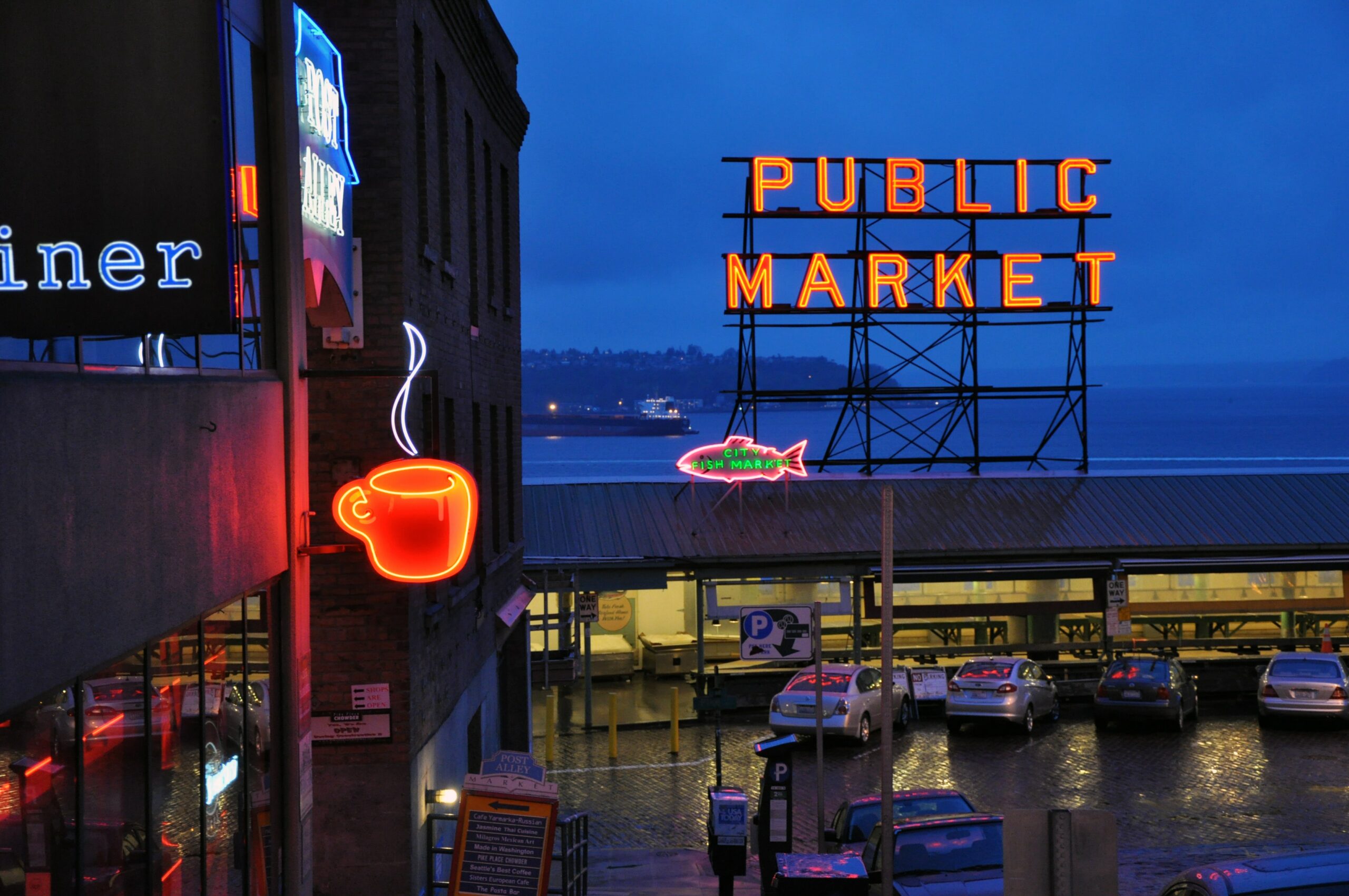 Public market seattle sign in low light